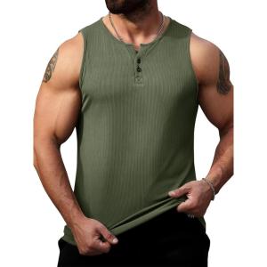imageRuncati Mens Workout Tank Tops Summer Gym Muscle Ribbed Sleeveless Henley Shirt Casual Knitted Slim Fit Beach TeeArmy Green