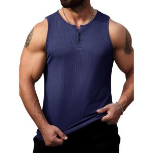 imageRuncati Mens Workout Tank Tops Summer Gym Muscle Ribbed Sleeveless Henley Shirt Casual Knitted Slim Fit Beach TeeNavy