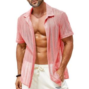 imageRuncati Mens Button Down Shirts Short Sleeve Hollow Out Knit Shirt Cuban Collar Casual Crochet Beach Summer TopsPink