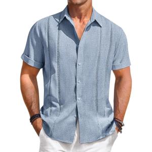 imageRuncati Mens Guayabera Shirts Short Sleeve Casual Cuban Linen Shirt Button Down Beach Summer Mexican ShirtsBaby Blue