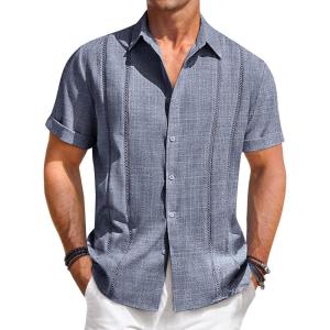 imageRuncati Mens Guayabera Shirts Short Sleeve Casual Cuban Linen Shirt Button Down Beach Summer Mexican ShirtsNavy Blue