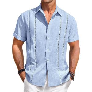 imageRuncati Mens Guayabera Shirts Short Sleeve Casual Cuban Linen Shirt Button Down Beach Summer Mexican ShirtsSky Blue