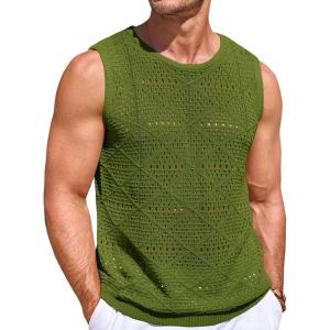 imageRuncati Mens Knitted Tank Tops Casual Sleeveless Hollow Out Crochet TShirts Muscle Summer Beach Hippie ShirtsArmy Green
