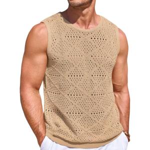 imageRuncati Mens Knitted Tank Tops Casual Sleeveless Hollow Out Crochet TShirts Muscle Summer Beach Hippie ShirtsKhaki