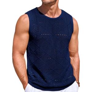 imageRuncati Mens Knitted Tank Tops Casual Sleeveless Hollow Out Crochet TShirts Muscle Summer Beach Hippie ShirtsNavy