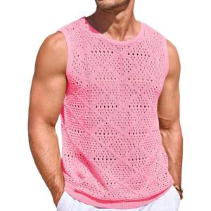 imageRuncati Mens Knitted Tank Tops Casual Sleeveless Hollow Out Crochet TShirts Muscle Summer Beach Hippie ShirtsPink