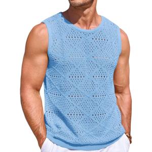 imageRuncati Mens Knitted Tank Tops Casual Sleeveless Hollow Out Crochet TShirts Muscle Summer Beach Hippie ShirtsSky Blue