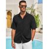 imageRuncati Mens Knit Button Down Shirts Casual Cuban Collar Short Sleeve Shirt Summer Beach Hollow Out TopsBlack