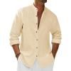 imageRuncati Mens Casual Linen Shirts 34 Sleeve Button Down Banded Collar Summer Beach ShirtBeige