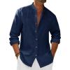 imageRuncati Mens Casual Linen Shirts 34 Sleeve Button Down Banded Collar Summer Beach ShirtNavy Blue