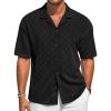 imageRuncati Mens Knit Button Down Shirts Casual Cuban Collar Short Sleeve Shirt Summer Beach Hollow Out TopsBlack