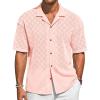 imageRuncati Mens Knit Button Down Shirts Casual Cuban Collar Short Sleeve Shirt Summer Beach Hollow Out TopsPink