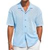 imageRuncati Mens Knit Button Down Shirts Casual Cuban Collar Short Sleeve Shirt Summer Beach Hollow Out TopsSky Blue