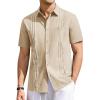 imageRuncati Mens Linen Shirt Guayabera Cuban Short Sleeve Button Down Summer Beach Hippie ShirtsBeige