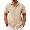 imageRuncati Mens Short Sleeve Linen Shirts Button Down Casual Texture Summer Beach Wedding TopsBeige