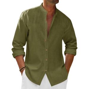 imageRuncati Mens Casual Linen Shirts 34 Sleeve Button Down Banded Collar Summer Beach ShirtArmy Green