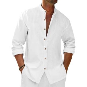 imageRuncati Mens Casual Linen Shirts 34 Sleeve Button Down Banded Collar Summer Beach ShirtWhite