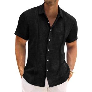 imageRuncati Mens Cuban Guayabera Shirts Short Sleeve Linen Casual Shirt Button Down Beach Summer Mexican ShirtsBlack