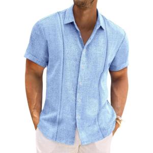 imageRuncati Mens Cuban Guayabera Shirts Short Sleeve Linen Casual Shirt Button Down Beach Summer Mexican ShirtsLight Blue