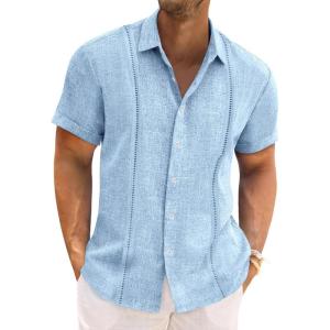 imageRuncati Mens Cuban Guayabera Shirts Short Sleeve Linen Casual Shirt Button Down Beach Summer Mexican ShirtsSky Blue