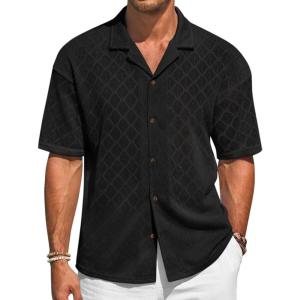 imageRuncati Mens Knit Button Down Shirts Casual Cuban Collar Short Sleeve Shirt Summer Beach Hollow Out TopsBlack