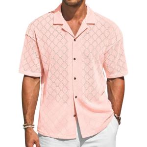 imageRuncati Mens Knit Button Down Shirts Casual Cuban Collar Short Sleeve Shirt Summer Beach Hollow Out TopsPink