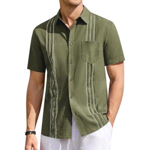 imageRuncati Mens Linen Shirt Guayabera Cuban Short Sleeve Button Down Summer Beach Hippie ShirtsArmy Green