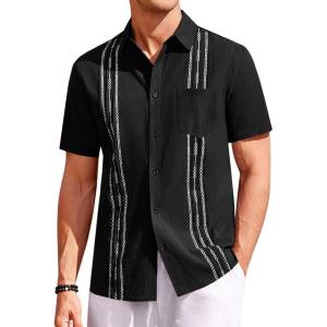 imageRuncati Mens Linen Shirt Guayabera Cuban Short Sleeve Button Down Summer Beach Hippie ShirtsBlack
