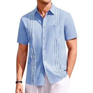 imageRuncati Mens Linen Shirt Guayabera Cuban Short Sleeve Button Down Summer Beach Hippie ShirtsBlue