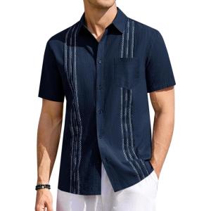imageRuncati Mens Linen Shirt Guayabera Cuban Short Sleeve Button Down Summer Beach Hippie ShirtsNavy Blue