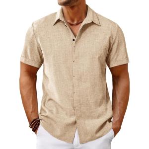 imageRuncati Mens Short Sleeve Linen Shirts Button Down Casual Texture Summer Beach Wedding TopsBeige