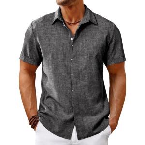 imageRuncati Mens Short Sleeve Linen Shirts Button Down Casual Texture Summer Beach Wedding TopsDark Gray