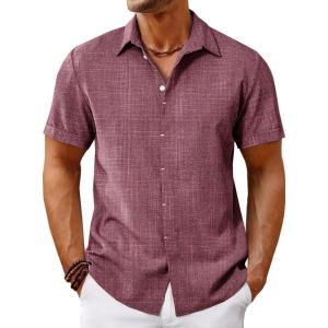 imageRuncati Mens Short Sleeve Linen Shirts Button Down Casual Texture Summer Beach Wedding TopsDark Red