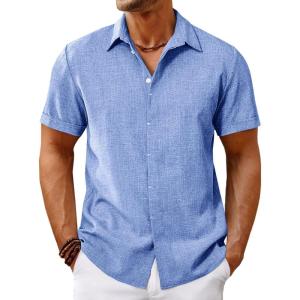 imageRuncati Mens Short Sleeve Linen Shirts Button Down Casual Texture Summer Beach Wedding TopsJean Blue