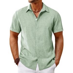 imageRuncati Mens Short Sleeve Linen Shirts Button Down Casual Texture Summer Beach Wedding TopsOlive Green
