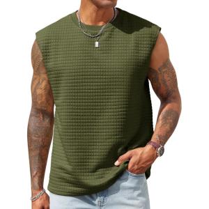 imageRuncati Mens Workout Tank Tops Waffle Casual Sleeveless T Shirts Gym Cut Off Beach Summer TeeArmy Green