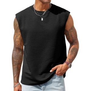imageRuncati Mens Workout Tank Tops Waffle Casual Sleeveless T Shirts Gym Cut Off Beach Summer TeeBlack