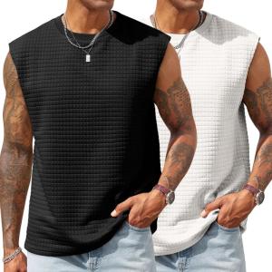 imageRuncati Mens Workout Tank Tops Waffle Casual Sleeveless T Shirts Gym Cut Off Beach Summer TeeBlackWhite