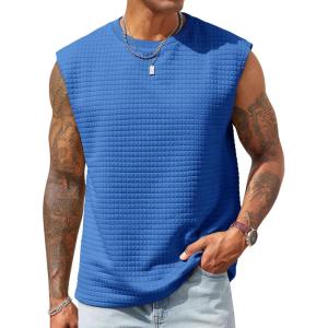 imageRuncati Mens Workout Tank Tops Waffle Casual Sleeveless T Shirts Gym Cut Off Beach Summer TeeBlue