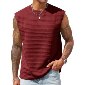 imageRuncati Mens Workout Tank Tops Waffle Casual Sleeveless T Shirts Gym Cut Off Beach Summer TeeBurgundy