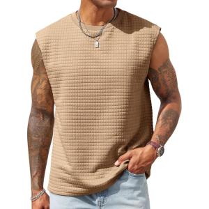 imageRuncati Mens Workout Tank Tops Waffle Casual Sleeveless T Shirts Gym Cut Off Beach Summer TeeKhaki