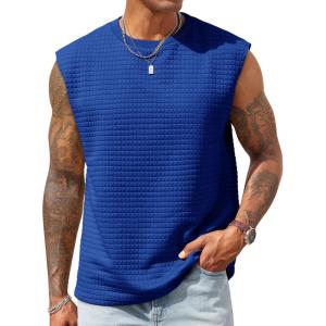 imageRuncati Mens Workout Tank Tops Waffle Casual Sleeveless T Shirts Gym Cut Off Beach Summer TeeNavy Blue