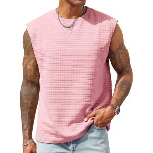 imageRuncati Mens Workout Tank Tops Waffle Casual Sleeveless T Shirts Gym Cut Off Beach Summer TeePink