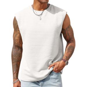 imageRuncati Mens Workout Tank Tops Waffle Casual Sleeveless T Shirts Gym Cut Off Beach Summer TeeWhite