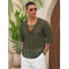 imageRuncati Mens Lace Up Beach Shirts Hollow Out V Neck Half Sleeve T Shirts Knit Crochet See Through Summer TopsArmy Green