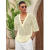 imageRuncati Mens Lace Up Beach Shirts Hollow Out V Neck Half Sleeve T Shirts Knit Crochet See Through Summer TopsBeige