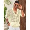 imageRuncati Mens Lace Up Beach Shirts Hollow Out V Neck Half Sleeve T Shirts Knit Crochet See Through Summer TopsBeige