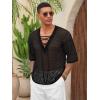 imageRuncati Mens Lace Up Beach Shirts Hollow Out V Neck Half Sleeve T Shirts Knit Crochet See Through Summer TopsBlack
