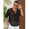imageRuncati Mens Lace Up Beach Shirts Hollow Out V Neck Half Sleeve T Shirts Knit Crochet See Through Summer TopsBlack
