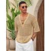 imageRuncati Mens Lace Up Beach Shirts Hollow Out V Neck Half Sleeve T Shirts Knit Crochet See Through Summer TopsKhaki